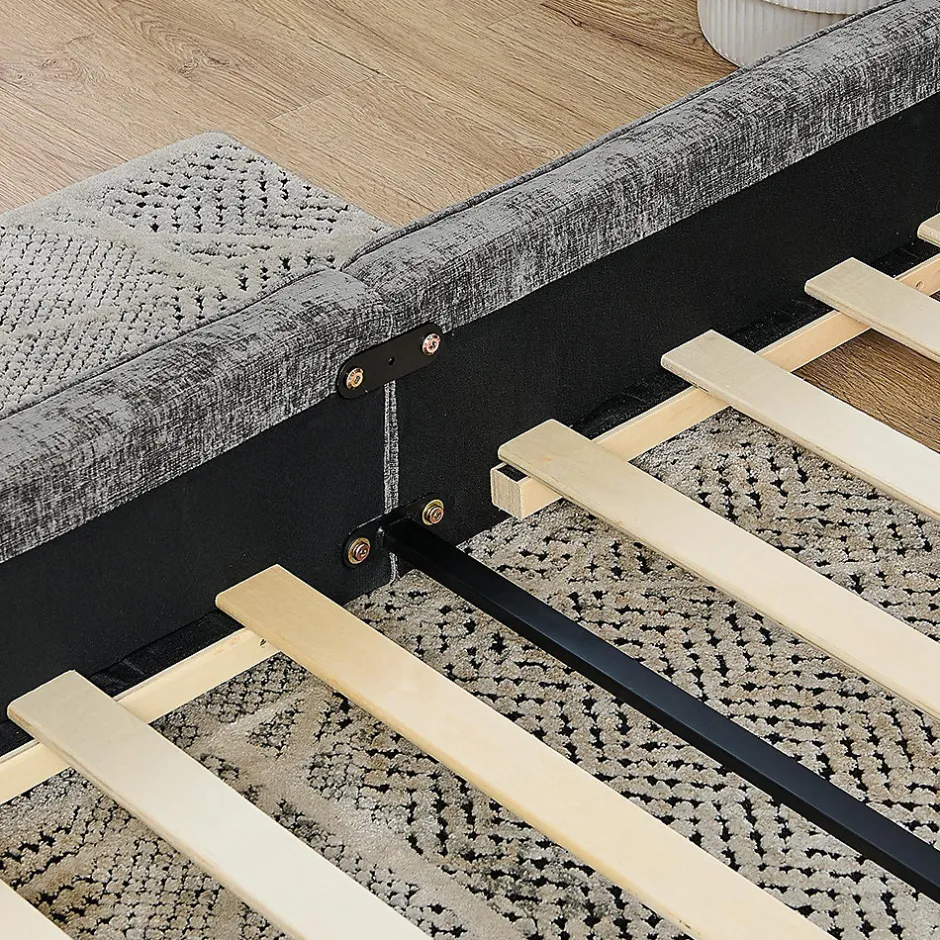 Blackcolors Lit double 160x200 cm, chenille veloutée, bois eucalyptus - gris foncé