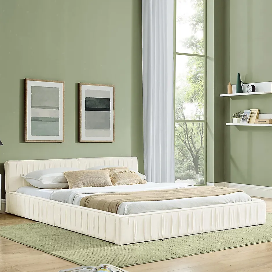 Blackcolors Lit double 140x200 cm, chenille veloutée, bois eucalyptus, cadre fer - beige Hot