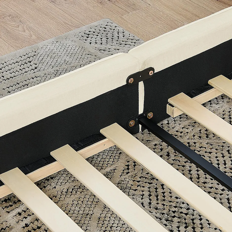 Blackcolors Lit double 140x200 cm, chenille veloutée, bois eucalyptus, cadre fer - beige Hot