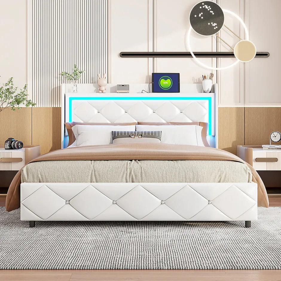 Simple Life Lit double 160x200 cm cuir polyuréthane blanc, capitonné cristal, coffre de rangement hydraulique, ports USB et LED ambiance.