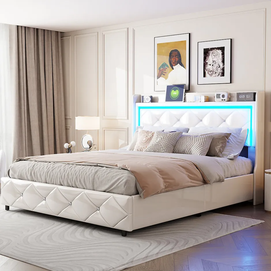 Simple Life Lit double 160x200 cm cuir polyuréthane blanc, capitonné cristal, coffre de rangement hydraulique, ports USB et LED ambiance.