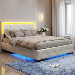 ProximaX Lit double 140x200 cm cuir PU blanc capitonné cristal, coffre hydraulique, ports USB et LED