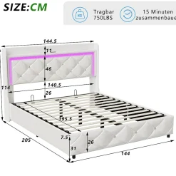 ProximaX Lit double 140x200 cm cuir PU blanc capitonné cristal, coffre hydraulique, ports USB et LED