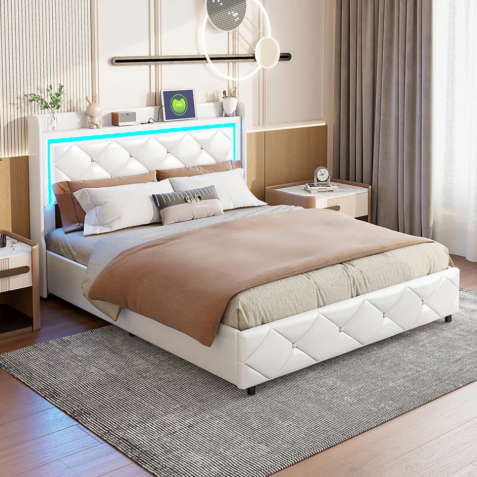 ProximaX Lit double 140x200 cm cuir PU blanc capitonné cristal, coffre hydraulique, ports USB et LED