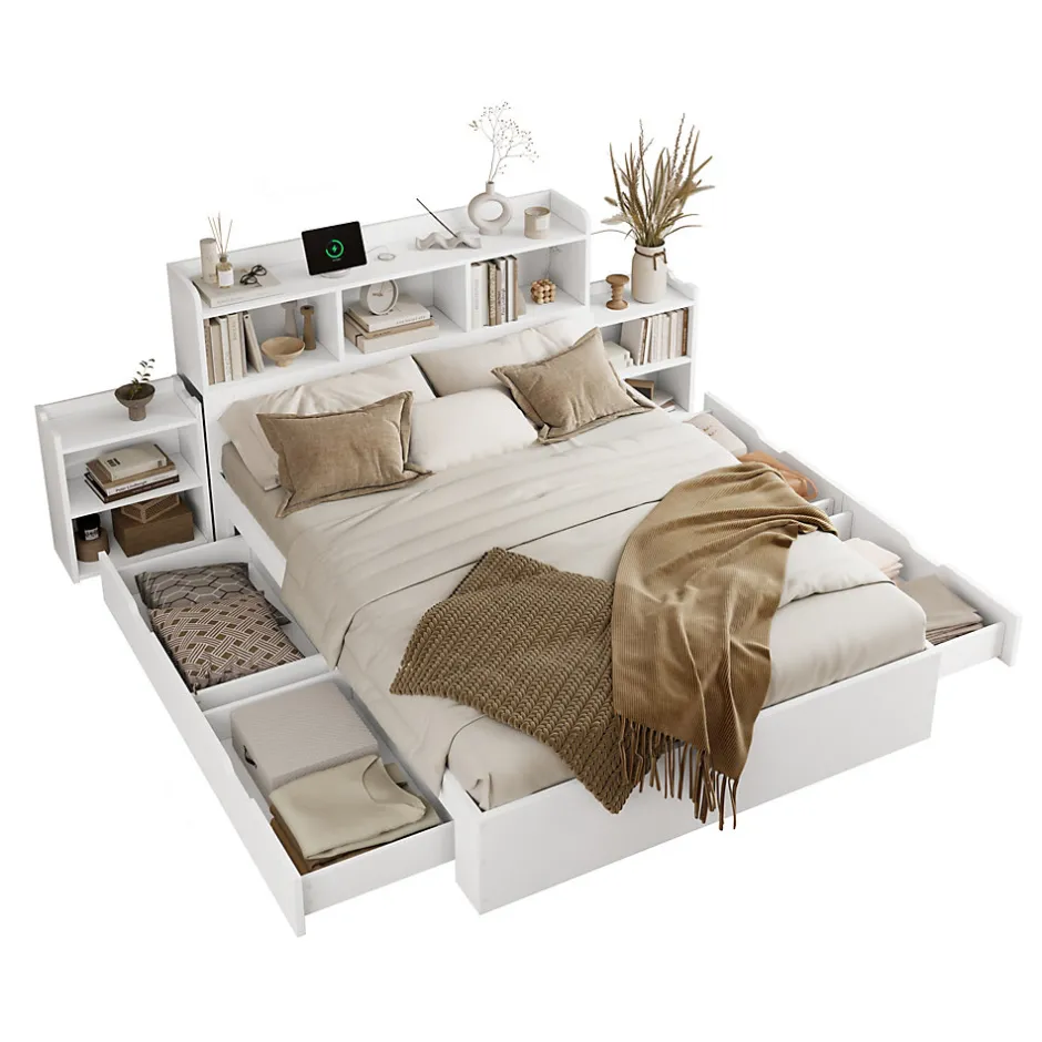 Redom Lit double 140x200 cm en bois avec sommier tête de lit tiroirs tables de chevet chargeur sans fil et port Type C blanc