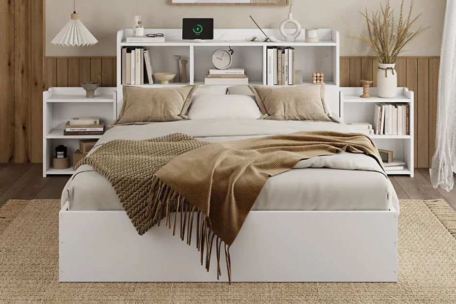 Redom Lit double 140x200 cm en bois avec sommier tête de lit tiroirs tables de chevet chargeur sans fil et port Type C blanc