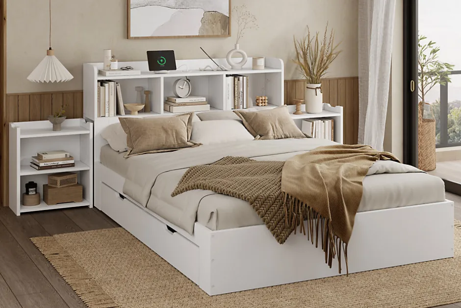 Redom Lit double 140x200 cm en bois avec sommier tête de lit tiroirs tables de chevet chargeur sans fil et port Type C blanc