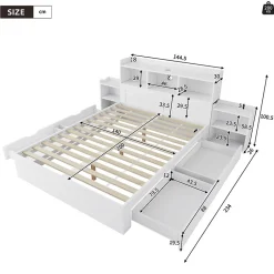 Redom Lit double 140x200 cm en bois avec sommier tête de lit tiroirs tables de chevet chargeur sans fil et port Type C blanc