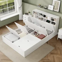 Redom Lit double 140x200 cm en bois massif avec port USB tiroirs et espace de rangement sous le lit blanc sans matelas Best