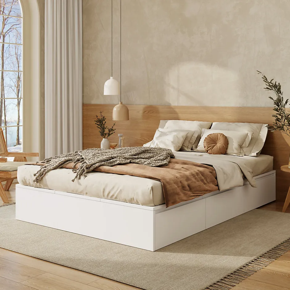 Redom Lit double 140x200 cm en bois massif avec tiroirs et espace de rangement sous le lit blanc sans matelas