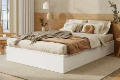 Redom Lit double 140x200 cm en bois massif avec tiroirs et espace de rangement sous le lit blanc sans matelas