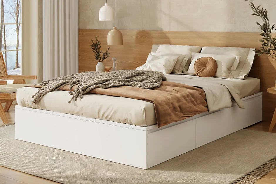 Redom Lit double 140x200 cm en bois massif avec tiroirs et espace de rangement sous le lit blanc sans matelas