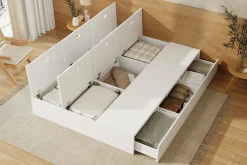 Redom Lit double 140x200 cm en bois massif avec tiroirs et espace de rangement sous le lit blanc sans matelas