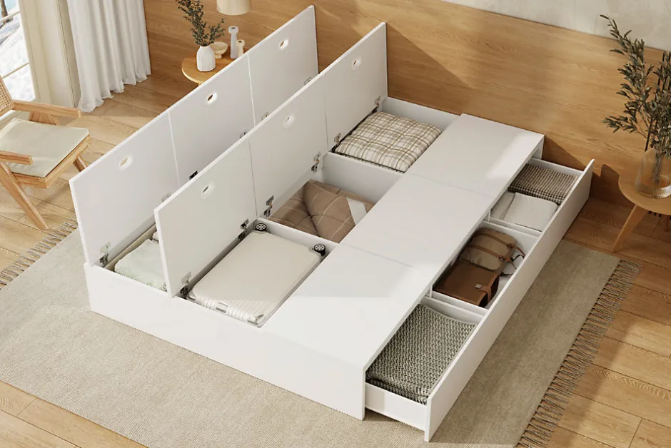 Redom Lit double 140x200 cm en bois massif avec tiroirs et espace de rangement sous le lit blanc sans matelas