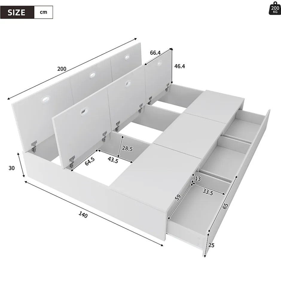 Redom Lit double 140x200 cm en bois massif avec tiroirs et espace de rangement sous le lit blanc sans matelas