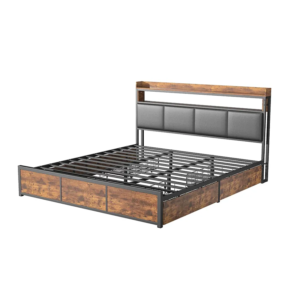 ProximaX Lit double 180x200 cm en fer avec revêtement PU noir mat effet tigre, tête de lit avec rangement et barre LED Best