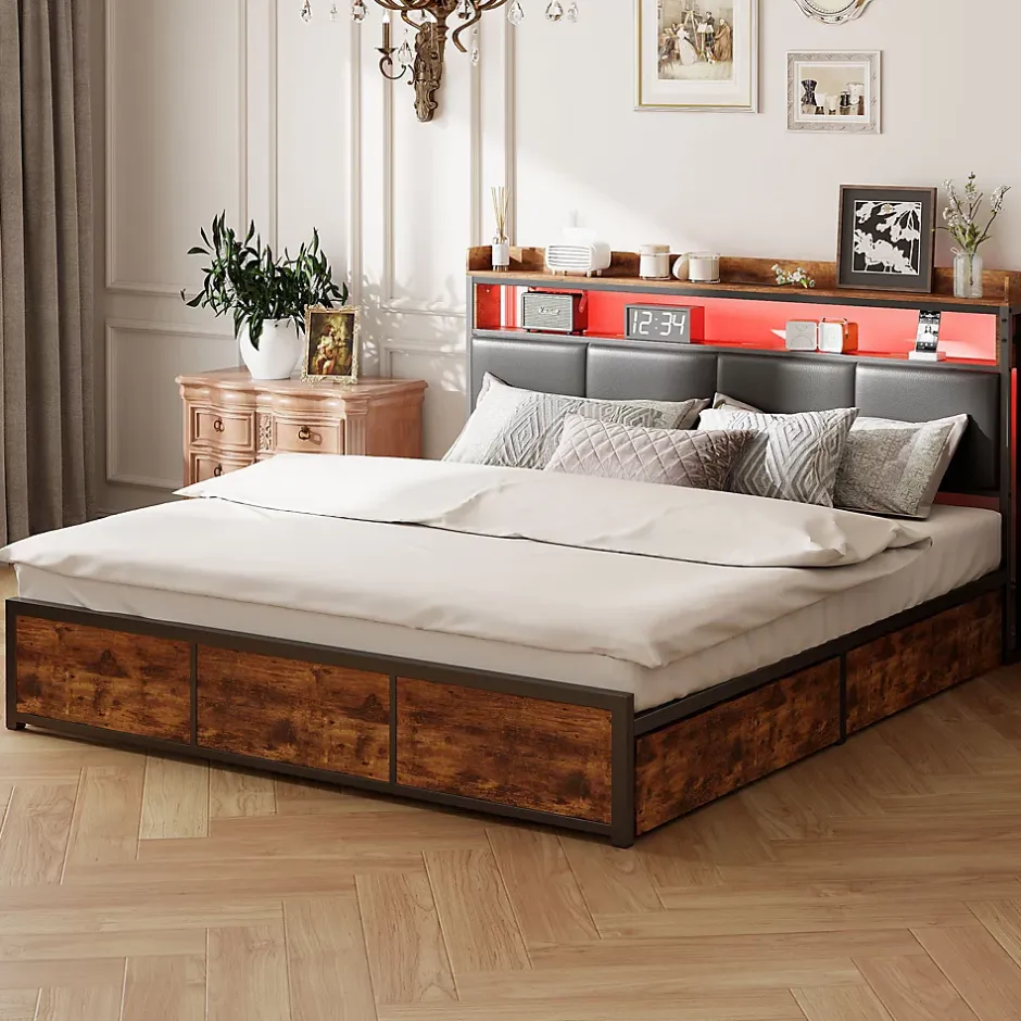 ProximaX Lit double 180x200 cm en fer avec revêtement PU noir mat effet tigre, tête de lit avec rangement et barre LED Best