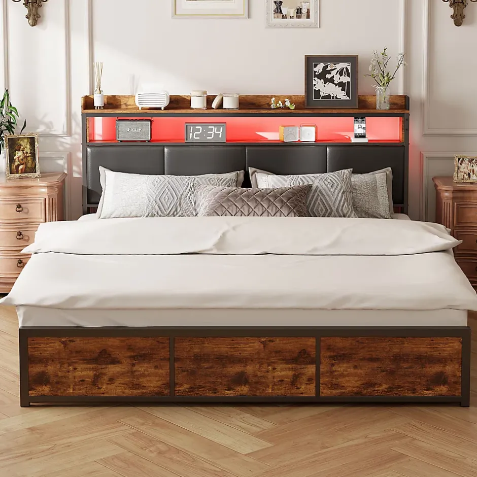 ProximaX Lit double 180x200 cm en fer avec revêtement PU noir mat effet tigre, tête de lit avec rangement et barre LED Best