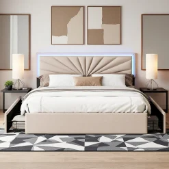 ProximaX Lit double 160x200 cm en lin avec LED, sommier à lattes robuste, 4 tiroirs intégrés, design moderne pour 2 personnes