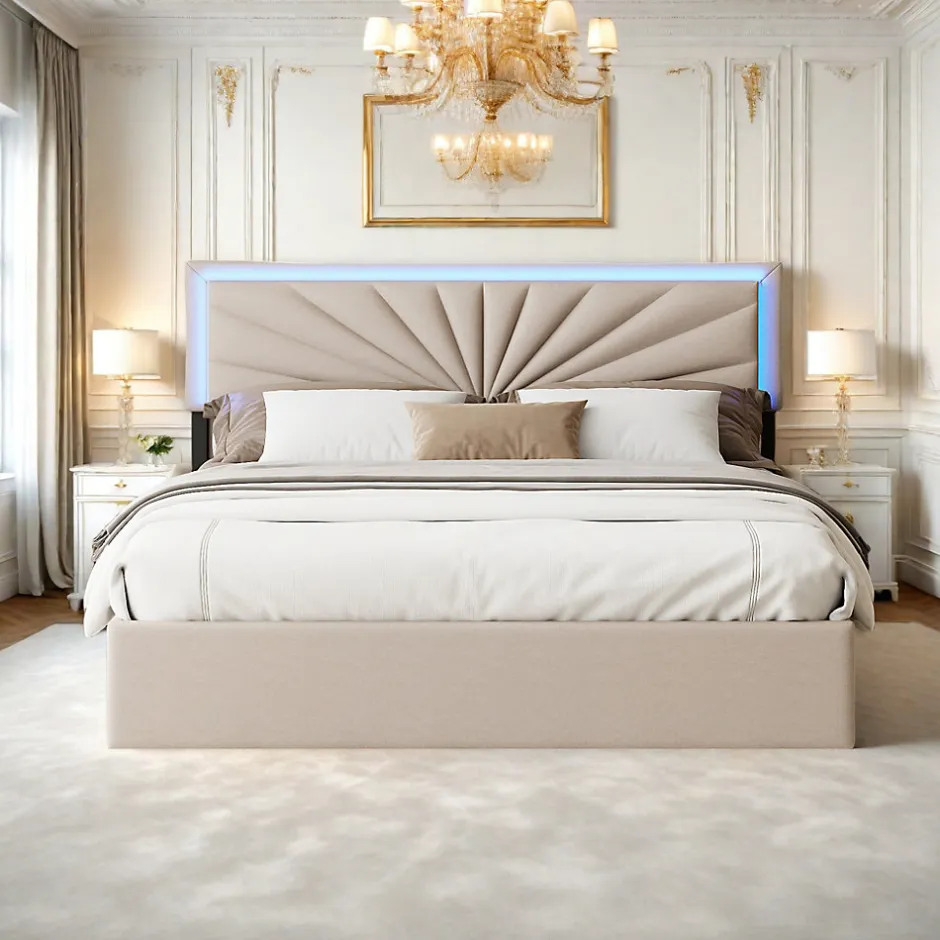 ProximaX Lit double 160x200 cm en lin avec LED, sommier à lattes robuste, 4 tiroirs intégrés, design moderne pour 2 personnes