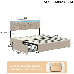 ProximaX Lit double 160x200 cm en lin avec LED, sommier à lattes robuste, 4 tiroirs intégrés, design moderne pour 2 personnes