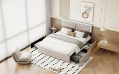 ProximaX Lit double 160x200 cm en lin avec LED, sommier à lattes robuste, 4 tiroirs intégrés, design moderne pour 2 personnes