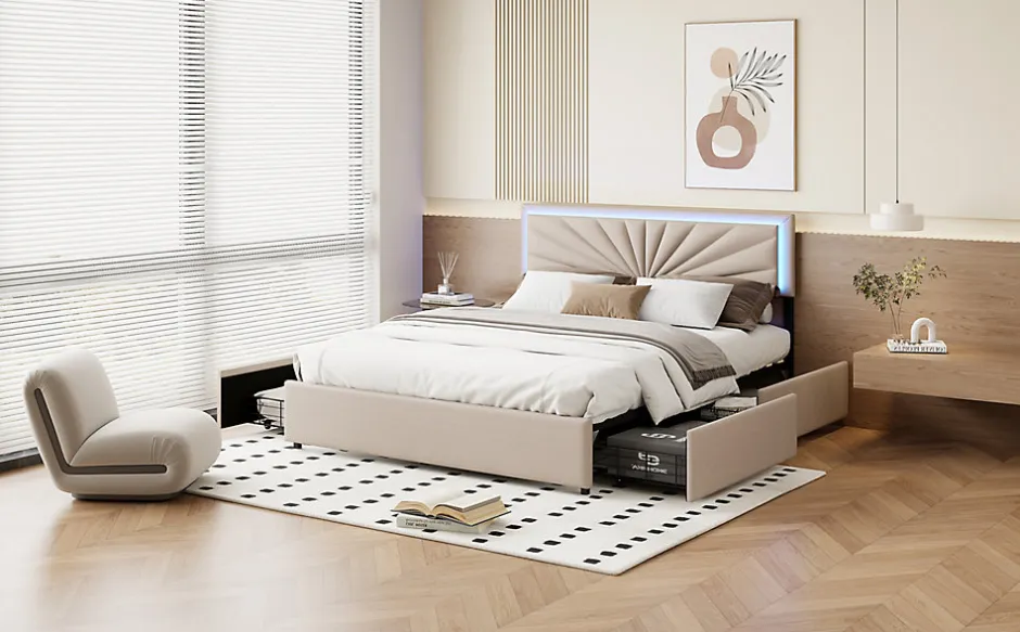 ProximaX Lit double 160x200 cm en lin avec LED, sommier à lattes robuste, 4 tiroirs intégrés, design moderne pour 2 personnes