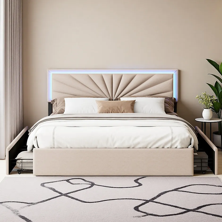 ProximaX Lit double 160x200 cm en lin avec LED, sommier à lattes robuste, 4 tiroirs intégrés, design moderne pour 2 personnes