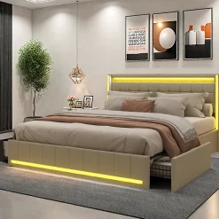 ProximaX Lit double 140x190 cm en lin avec LED, USB, 4 tiroirs de rangement et sommier à lattes, facile à assembler, sans matelas, Beige
