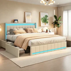 ProximaX Lit double 140x190 cm en lin avec LED, USB, 4 tiroirs de rangement et sommier à lattes, facile à assembler, sans matelas, Beige