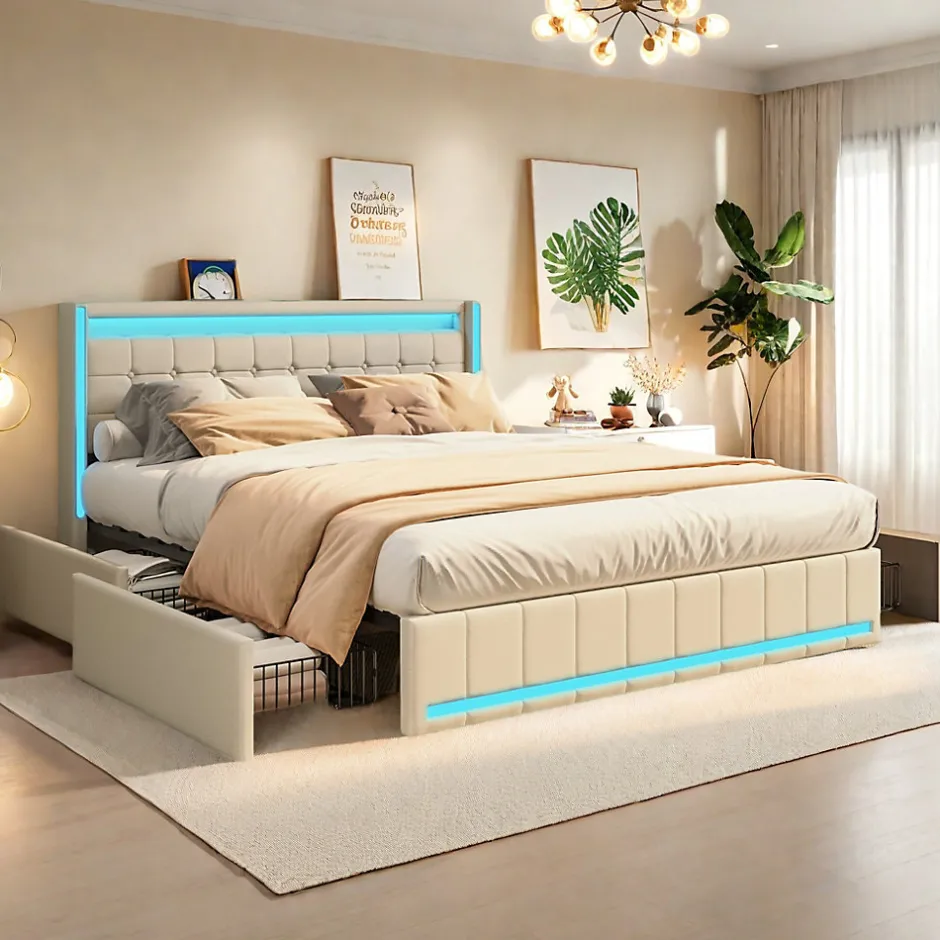 ProximaX Lit double 140x190 cm en lin avec LED, USB, 4 tiroirs de rangement et sommier à lattes, facile à assembler, sans matelas, Beige