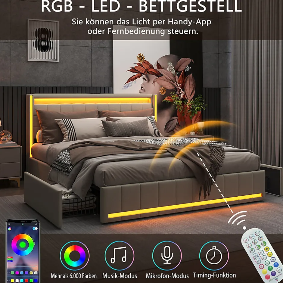 ProximaX Lit double 140x190 cm en lin avec LED, USB, 4 tiroirs de rangement et sommier à lattes, facile à assembler, sans matelas, Beige