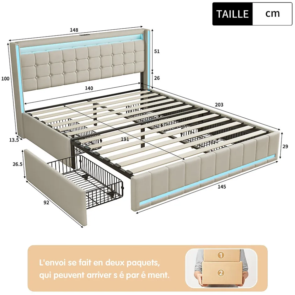 ProximaX Lit double 140x190 cm en lin avec LED, USB, 4 tiroirs de rangement et sommier à lattes, facile à assembler, sans matelas, Beige