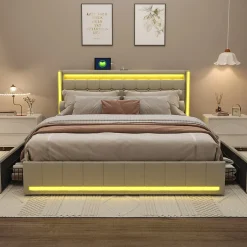 ProximaX Lit double 140x190 cm en lin avec LED, USB, 4 tiroirs de rangement et sommier à lattes, facile à assembler, sans matelas, Beige