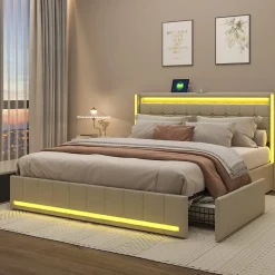 ProximaX Lit double 140x190 cm en lin avec LED, USB, 4 tiroirs de rangement et sommier à lattes, facile à assembler, sans matelas, Beige