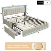 ProximaX Lit double 140x190 cm en lin avec LED, USB, 4 tiroirs de rangement et sommier à lattes, facile à assembler, sans matelas, Beige Discount