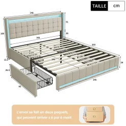 ProximaX Lit double 140x190 cm en lin avec LED, USB, 4 tiroirs de rangement et sommier à lattes, facile à assembler, sans matelas, Beige Discount