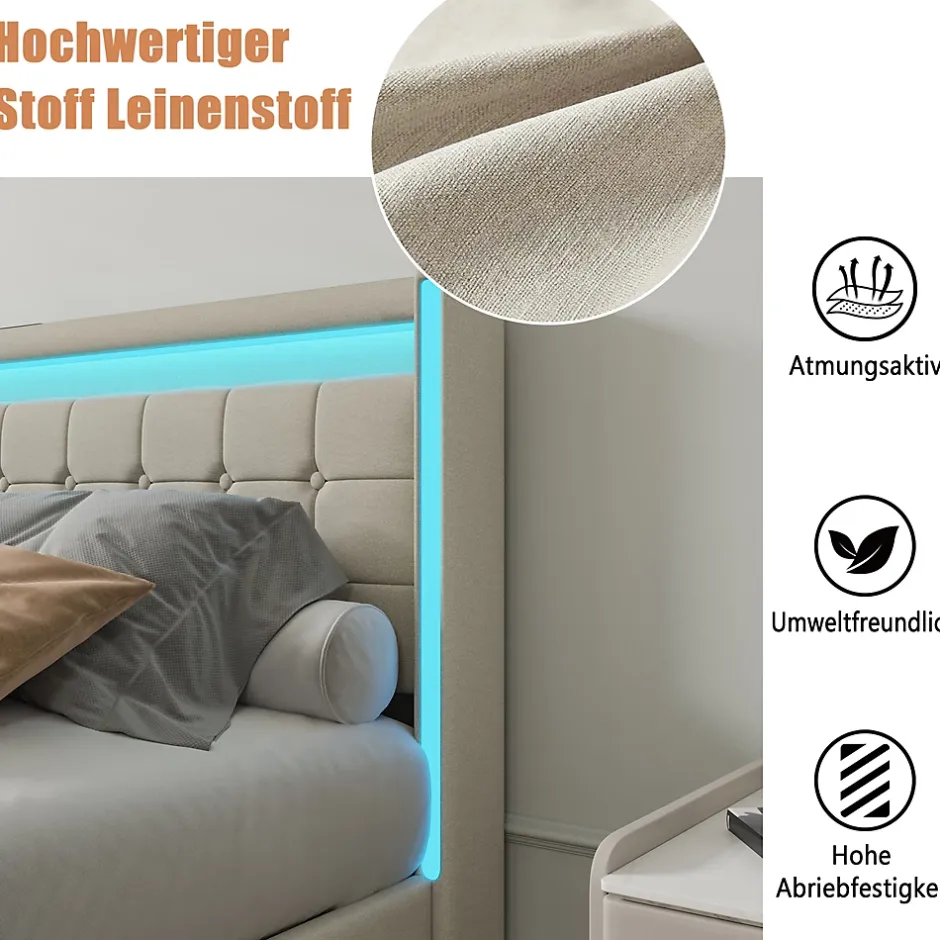 ProximaX Lit double 140x190 cm en lin avec LED, USB, 4 tiroirs de rangement et sommier à lattes, facile à assembler, sans matelas, Beige Discount