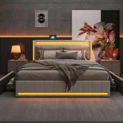 ProximaX Lit double 140x190 cm en lin avec LED, USB, 4 tiroirs de rangement et sommier à lattes, facile à assembler, sans matelas, Beige Discount