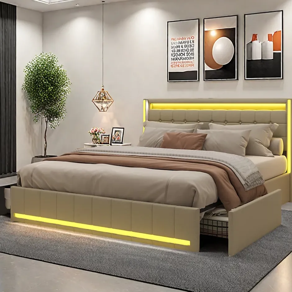ProximaX Lit double 140x190 cm en lin avec LED, USB, 4 tiroirs de rangement et sommier à lattes, facile à assembler, sans matelas, Beige Discount