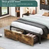 Generique Lit double 140x200 cm en lin beige avec tête de lit LED, ports USB et Type-C, sommier à lattes et rangement intégré