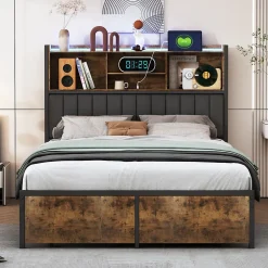 Generique Lit double 140x200 cm en lin beige avec tête de lit LED, ports USB et Type-C, sommier à lattes et rangement intégré