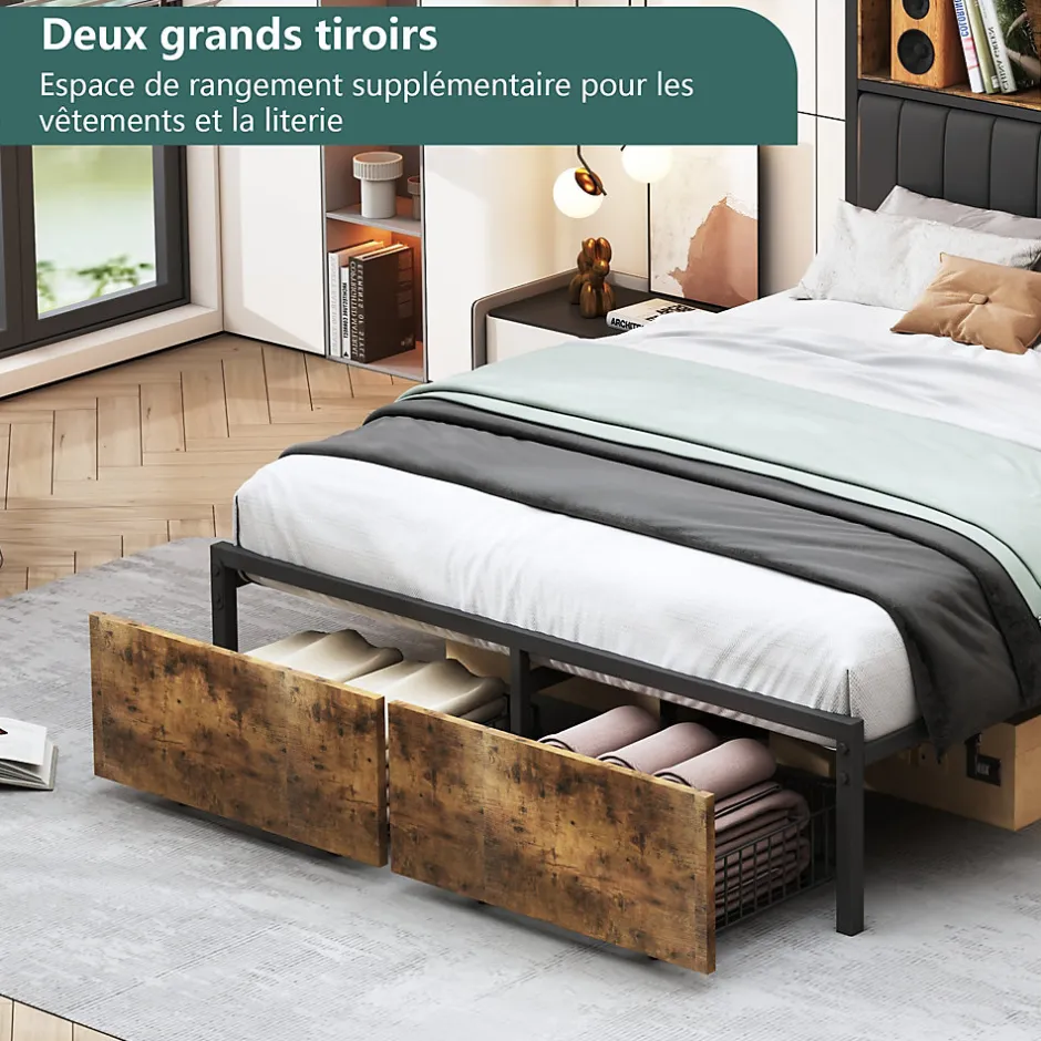 Generique Lit double 140x200 cm en lin beige avec tête de lit LED, ports USB et Type-C, sommier à lattes et rangement intégré