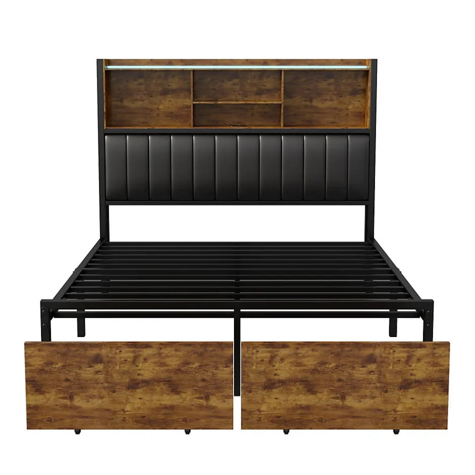 Generique Lit double 140x200 cm en lin beige avec tête de lit LED, ports USB et Type-C, sommier à lattes et rangement intégré