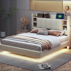 ProximaX Lit double 140x200 cm en lin beige avec cadre métal, tête réversible avec étagères, port USB et bande lumineuse