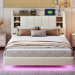 ProximaX Lit double 140x200 cm en lin beige avec cadre métal, tête réversible avec étagères, port USB et bande lumineuse