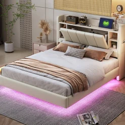 ProximaX Lit double 140x200 cm en lin beige avec cadre métal, tête réversible avec étagères, port USB et bande lumineuse