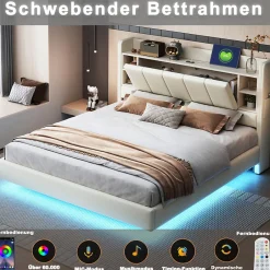 ProximaX Lit double 140x200 cm en lin beige avec cadre métal, tête réversible avec étagères, port USB et bande lumineuse