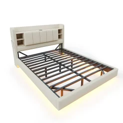 ProximaX Lit double 140x200 cm en lin beige avec cadre métal, tête réversible avec étagères, port USB et bande lumineuse