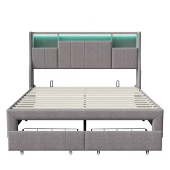 ProximaX Lit double 160x200 cm en lin gris avec 2 tiroirs, tête de lit à poches latérales, rangements intégrés et LED Sale